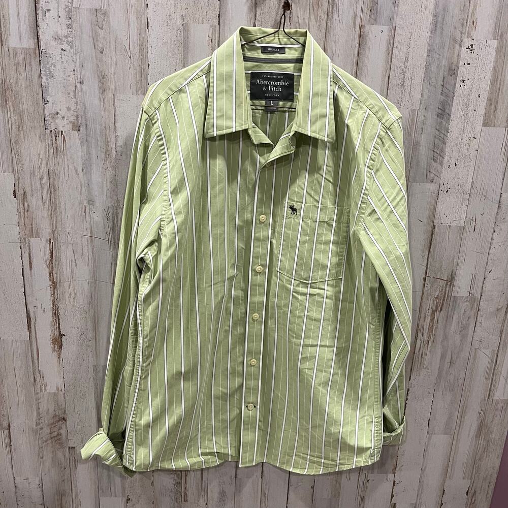 Abercrombie & Fitch Mens Long Sleeve Button Shirt Green Stripe Large Moose